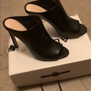 Black Leather 2 peep toe bootie heels